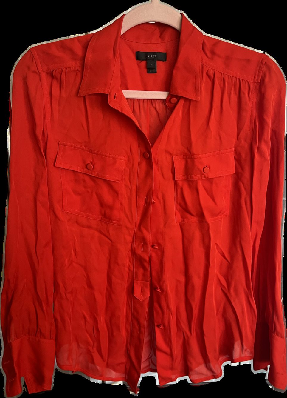 J.CREW red button up long sleeve shirt 100% silk semi sheer size 2 NWOT